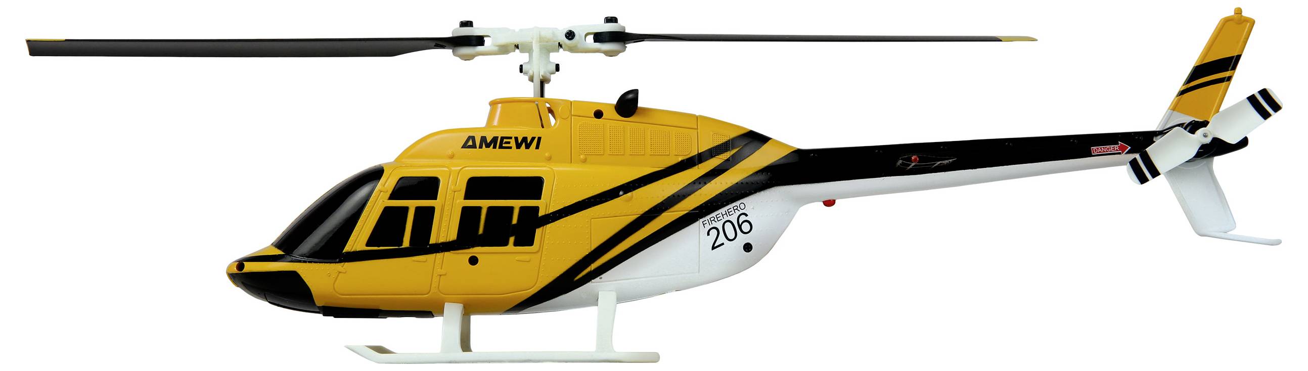Žltý a čierny modelový vrtuľník s číslom '206' na chvoste, s elegantným dizajnom a logom MEWI na boku.