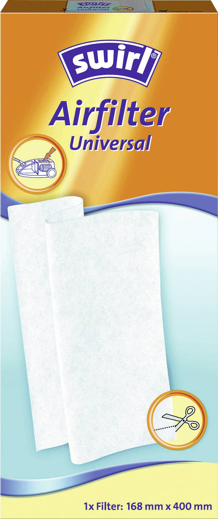 Balenie filtra 'Swirl Airfilter Universal' zobrazujúce jeden filter, veľkosť 168 mm x 400 mm, s ikonou naznačujúcou možnosť jeho úpravy podľa potrebnej veľkosti.
