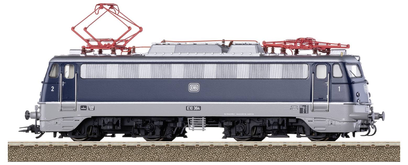 Model modrej a sivej elektrickej železničnej lokomotivy s červeným pantografom na vrchu, umiestnený na krátkej trati.