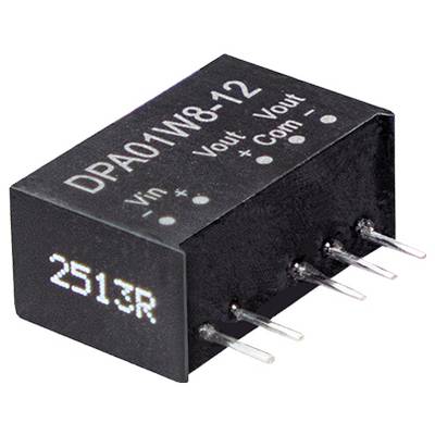 Malý čierny elektronický komponent označený DPA01W8-12 s pinmi označenými pre vstupné a výstupné pripojenie.