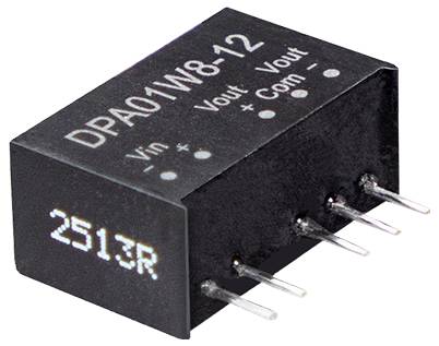 Čierna elektronická súčiastka s označením DPA01W8-12, zobrazujúca kontakty Vin, Vout a Com.