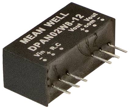 Menič MEAN WELL DC-DC DPAN02W8-12 so šiestimi pinmi označenými pre pripojenie: 'Vin+', 'Vin-', 'Vout+', 'Vout-', 'Vout', 'com'.