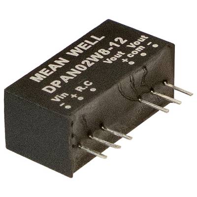 Modul DC-DC meniča MEAN WELL DPAN02W8-12 s kovovými kolíkmi pre elektrické pripojenie, zobrazujúci štítky 'Vin' a 'Vout'.