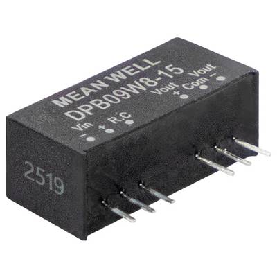 Elektronická súčiastka MEAN WELL DPB09W18-15 so šiestimi kovovými kolíkmi vyčnievajúcimi z dolnej strany na inštaláciu do dosky plošných spojov.