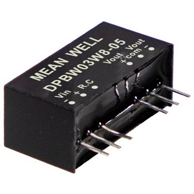 Obdĺžniková elektronická súčiastka označená ako 'MEAN WELL DPBW03W8-05' s vývodmi pre Vin, Vout a spoločné pripojenia.
