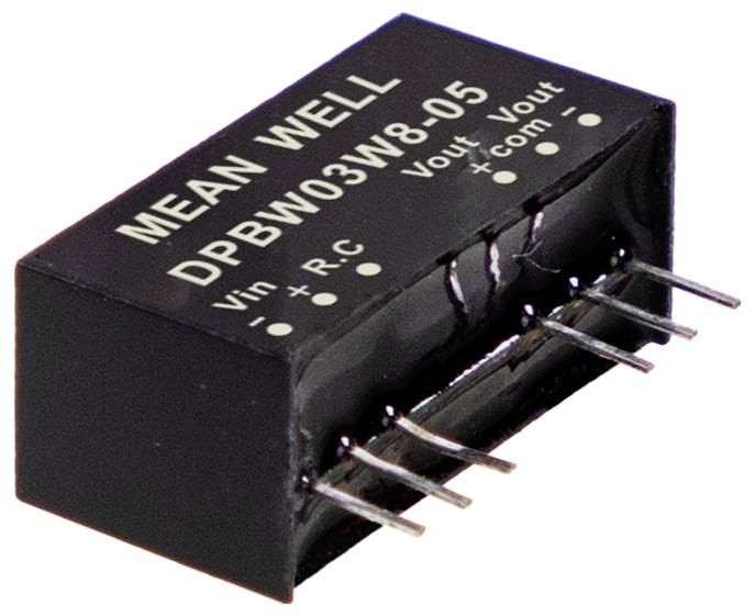 Čierny elektronický komponent označený štítkom 'MEAN WELL DPBW03W8-05' s pinmi označenými 'Vin', 'R', 'C', 'Vout' a 'Com'. Nevyhnutný pre prepojenia v obvode.
