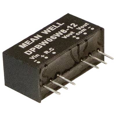Malý čierny elektronický komponent označený 'MEAN WELL DPBW06W8-12', s viacerými kovovými kolíkmi pre pripojenie, používaný v napájacom zdroji.
