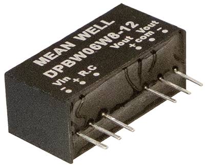 Menič napätia značky 'MEAN WELL', model DPBW06W8-12, so vstupnými (Vin, RC) a výstupnými (Vout, Vout+, Com) pinmi viditeľnými.