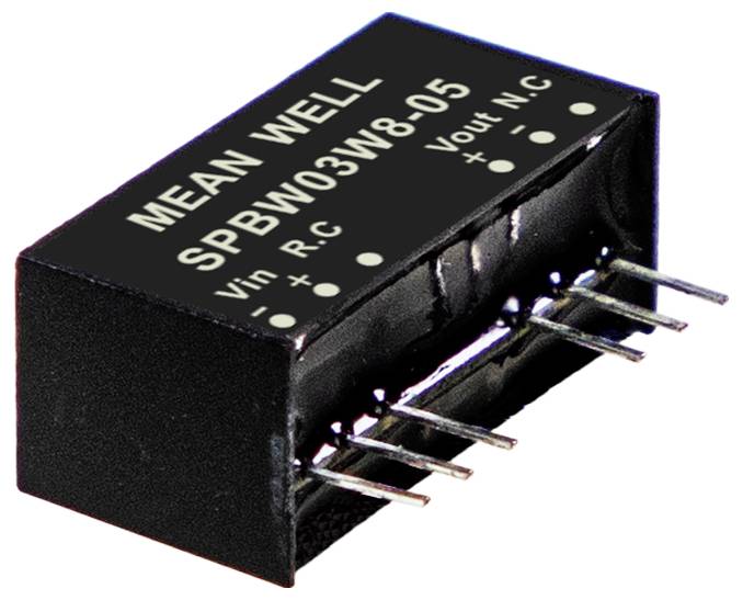 Čierny elektronický komponent označený 'MEAN WELL SPBW03W8-05' s kolíkmi pre 'Vin', 'Vout', 'R C' a polarity.