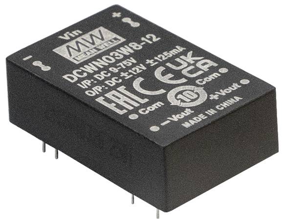 Čierny elektronický komponent so špičkami, označený ako 'MW Instrument', 'DCWN03W8-12', s indikáciou vstupného/výstupného napätia a certifikačnými značkami.