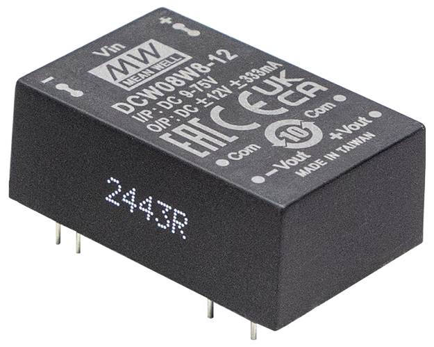 Čierny Mean Well DC-DC konverzný modul so vstupným napätím 36-75V DC a výstupom 12V pri 333mA. Model: DCW08B-12.