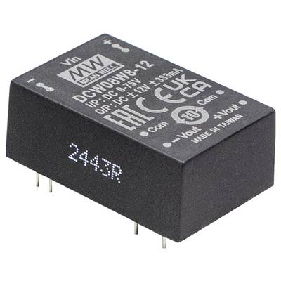 Obdĺžnikový čierny elektronický komponent označený ako 'MEAN WELL DCW08W8-12', ktorý indikuje špecifikácie vstupného a výstupného výkonu, s kovovými kolíkmi.