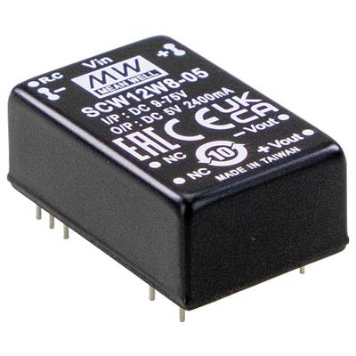 'Modul DC-DC meniča MEAN WELL, model SCW12W8-05, vstup: DC 9-75V, výstup: DC 5V, 2400mA, s bezpečnostnými certifikátmi.'