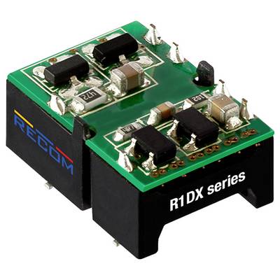 Elektronický komponent série Recom R1DX s čiernou základňou a zelenou doskou plošných spojov, ktorý disponuje šiestimi čiernymi čipmi a kovovými konektormi.