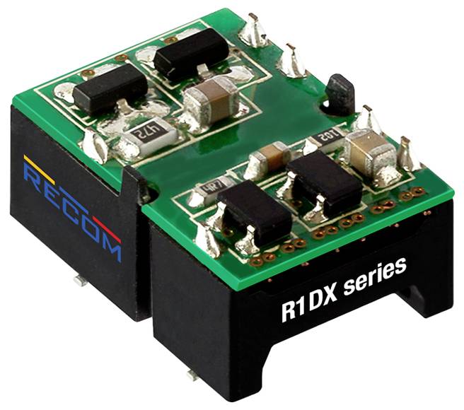 Malý elektronický komponent označený ako séria 'R1DX', s obvodmi a konektormi, vyrobený spoločnosťou Recom.