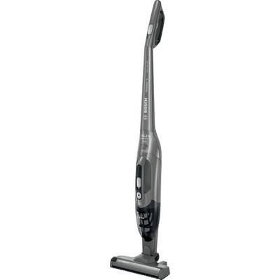 Elegantný, vzpriamený bezdrôtový vysávač v sivej farbe, označený značkou 'Bosch Athlet', s ergonomickou rukoväťou a kompaktným dizajnom.