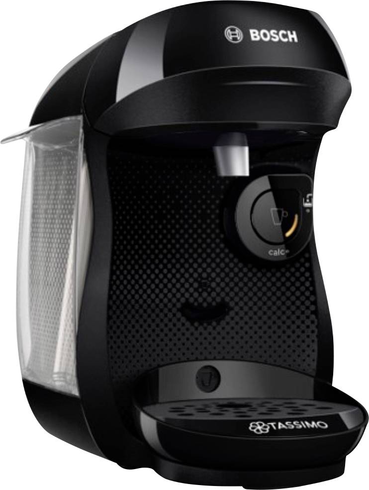 Čierny kávovar Bosch Tassimo s kompaktným dizajnom, s výrazným gombíkom na výber nápoja a odkvapkávacou miskou umiestenou dole.