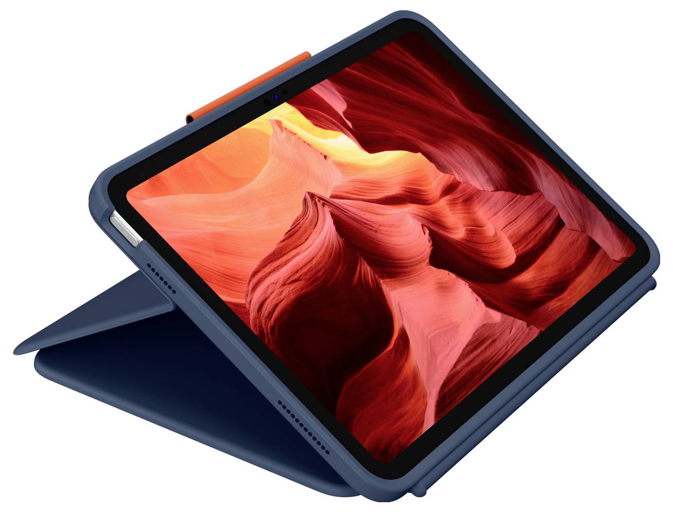 Tablet v odolnom modrom puzdre zobrazujúci živý červeno-oranžový abstraktný obraz, umiestnený v mierne naklonenej polohe.