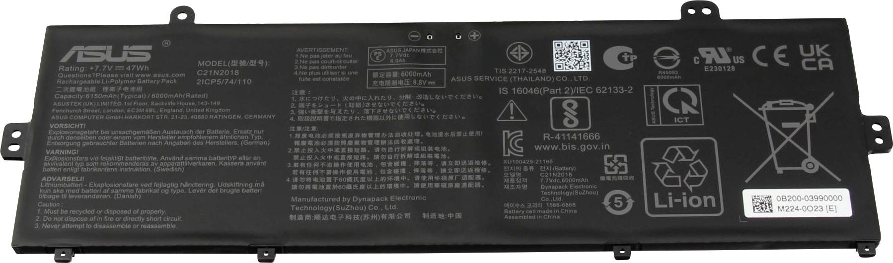 Čierny notebook batéria s logom spoločnosti, číslo modelu C31N1346, detaily o napätí, ikony recyklácie a bezpečnosti a QR kód.