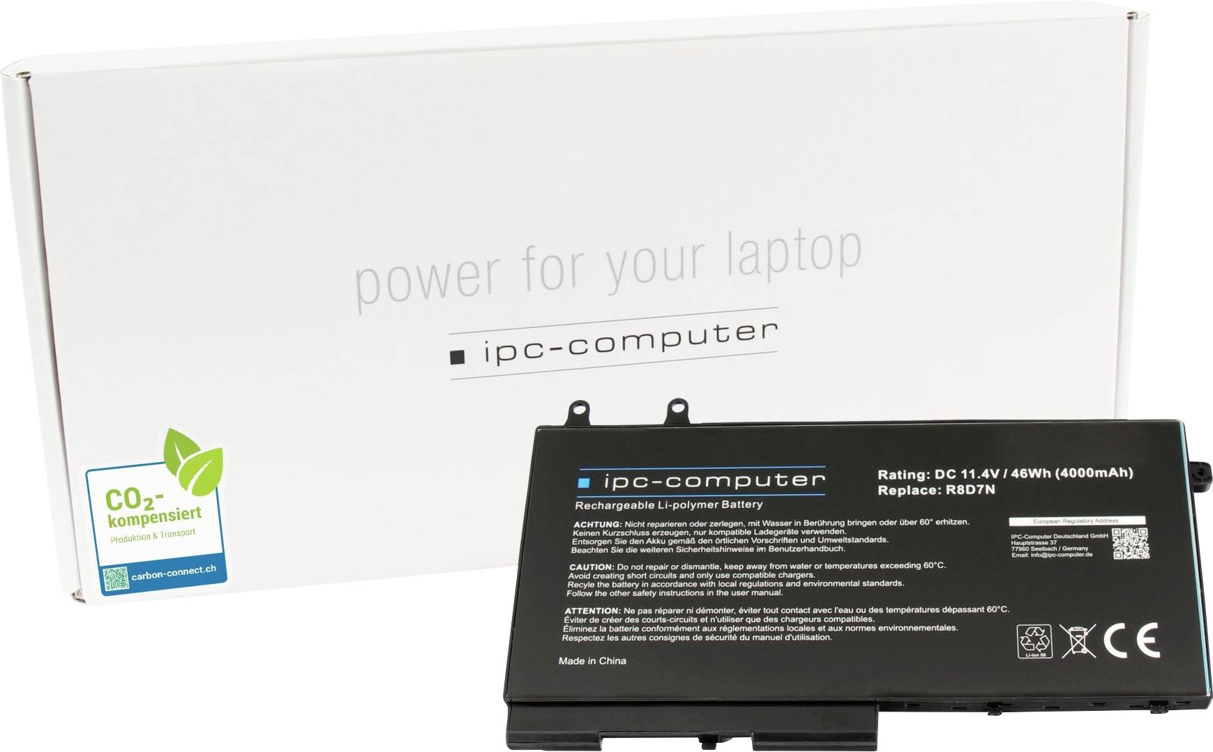 Laptop s batériou označenou 'ipc-computer' umiestnený pred bielou krabicou s nápisom 'napájanie pre váš laptop' a 'ipc-computer'.