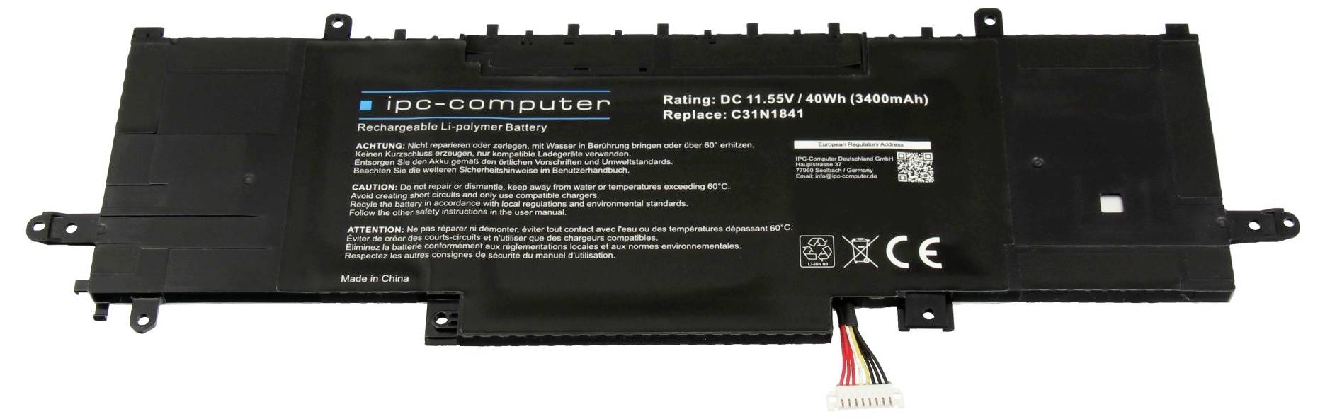 Obdĺžniková batéria notebooku s označením 'ipc-computer', so špecifikáciami: 'DC 11,55V (49Wh)', '4400mAh', 'Nahradiť C31N1401'.