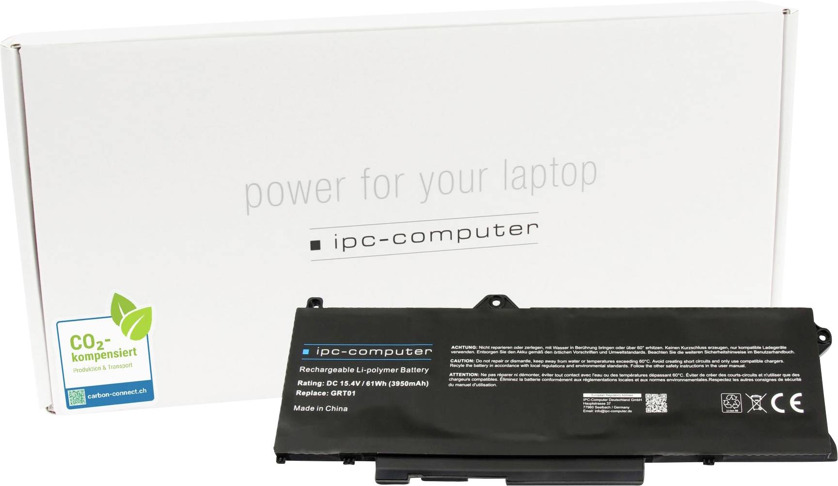 Lítiovo-polymérová batéria notebooku pred krabicou označenou "ipc-computer", ktorá zvýrazňuje kompatibilitu a ekologicky uvedomelé balenie.