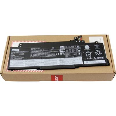Čierny notebook Lenovo batéria s rôznymi certifikačnými symbolmi a bezpečnostnými výstrahami vytlačenými na povrchu, umiestnený na kartónovej obalovacej krabici.