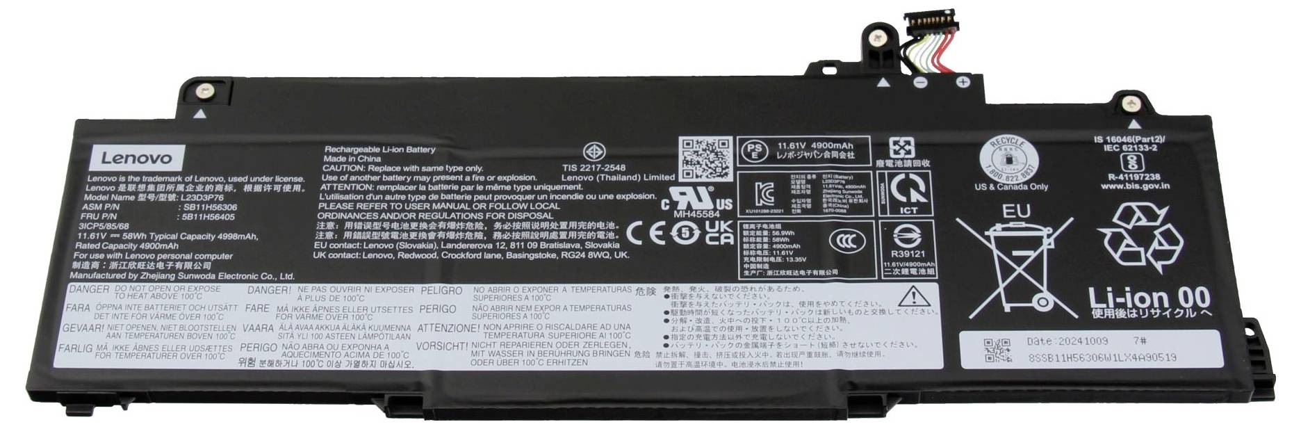Batéria notebooku Lenovo s označením, modelové číslo L16C2PB2, kapacita 30Wh, 2440mAh, 7,68V. Vrátane symbolov recyklácie a bezpečnosti.