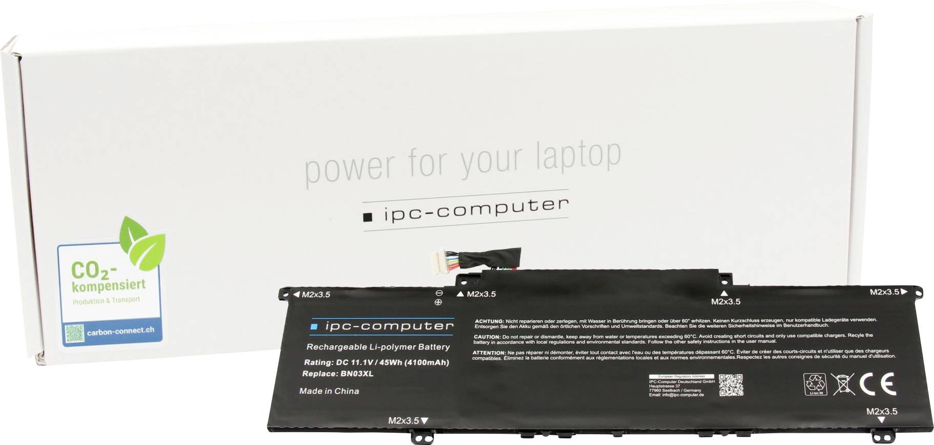 Náhradná batéria do notebooku značky 'ipc-computer', s technickými špecifikáciami a ekologickým obalom s certifikátom kompenzácie CO2.