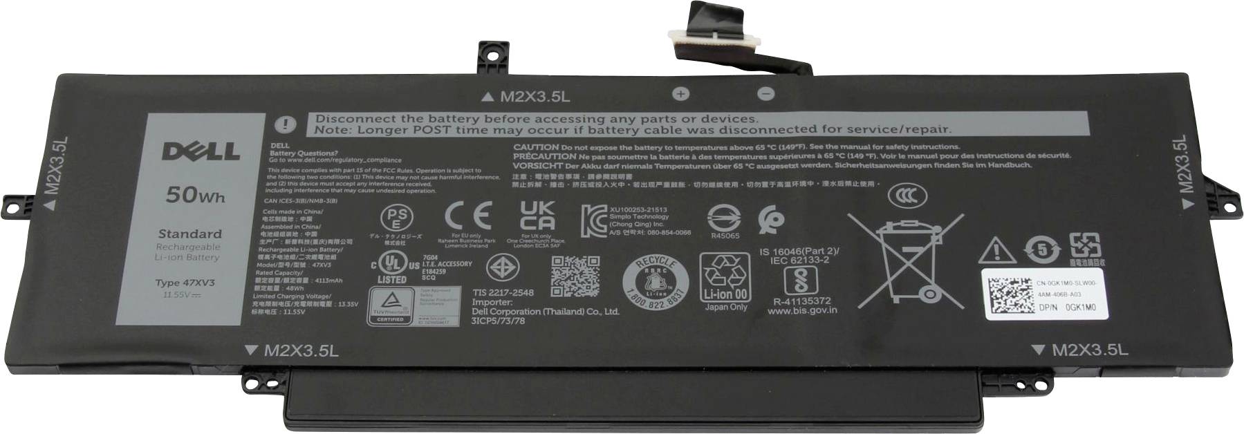 Batéria notebooku Dell, kapacita 50Wh, s bezpečnostnými a recyklačnými symbolmi a pokynmi pre správnu manipuláciu a inštaláciu.