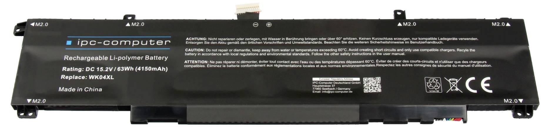 Batéria notebooku označená 'ipo-computer', 11,1V/39Wh, vymeniteľná s modelom WK443EL. Obsahuje bezpečnostné upozornenia a certifikácie.