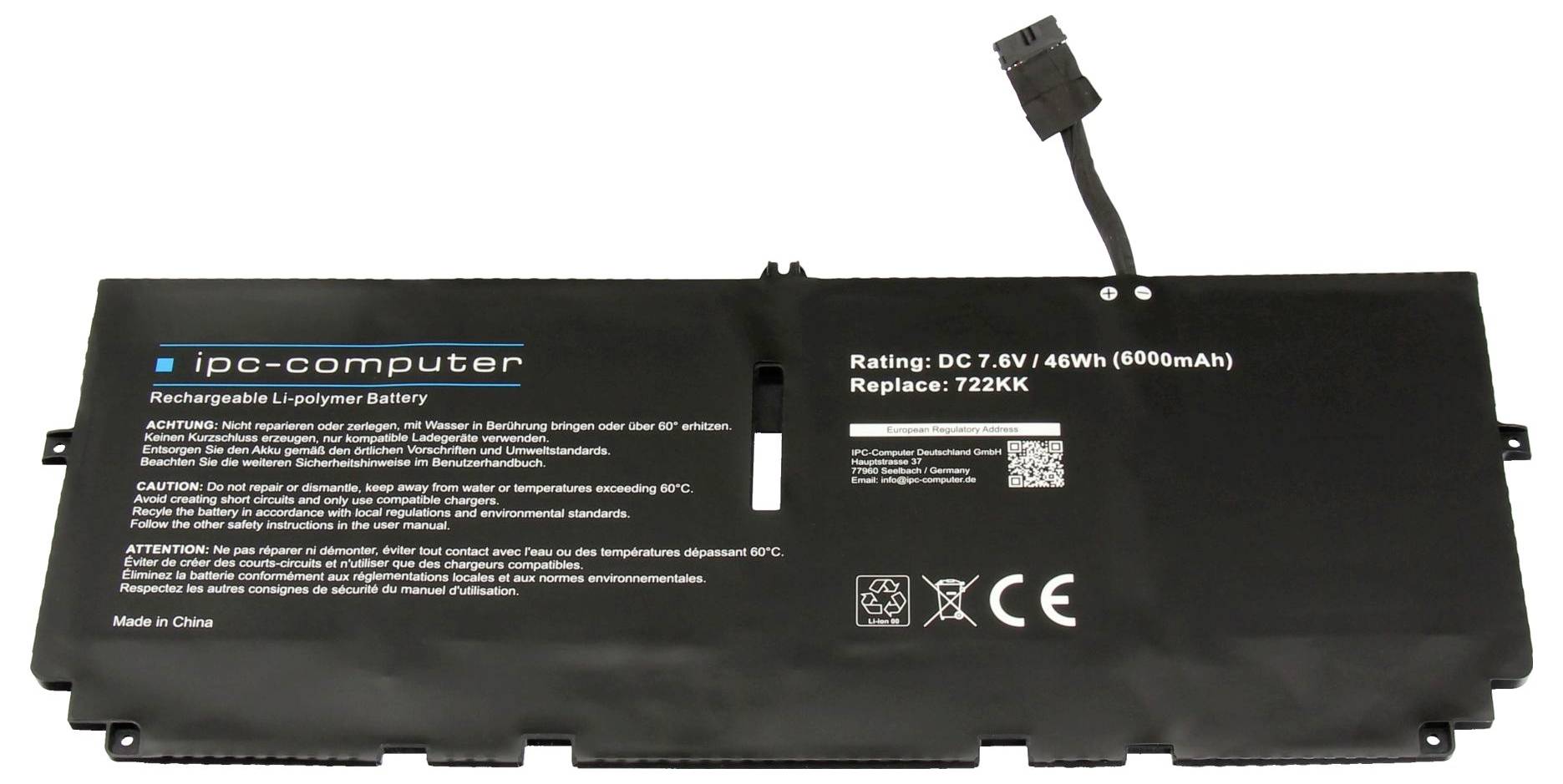'Nabíjateľná Li-polymérová batéria, 7,6V, 46Wh (6000mAh), Model 72XKX, značka IPC-Computer, bezpečnostné a opatrovateľské pokyny, Vyrobené v Číne.'