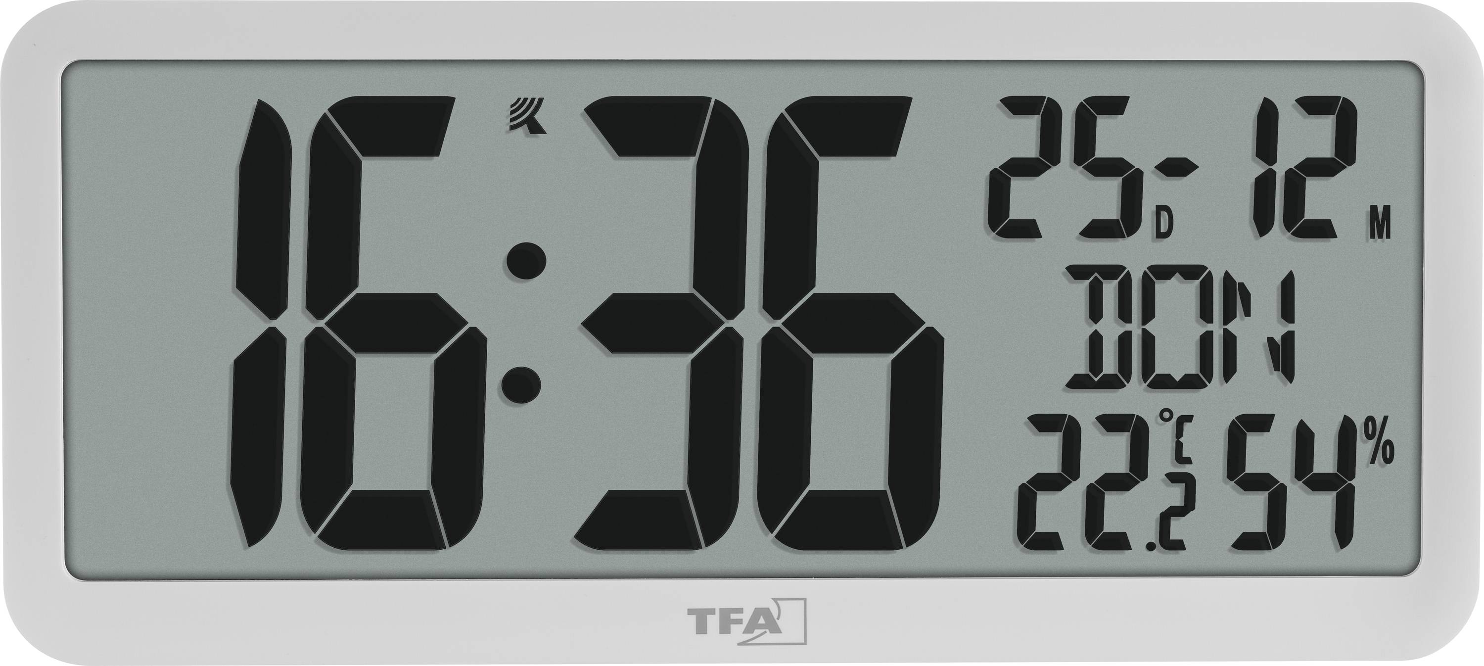 Digitálne nástenné hodiny zobrazujúce '16:36' s dodatočnými údajmi dátumu '25-12' a teploty '22,2°C' s vlhkosťou '54%'.