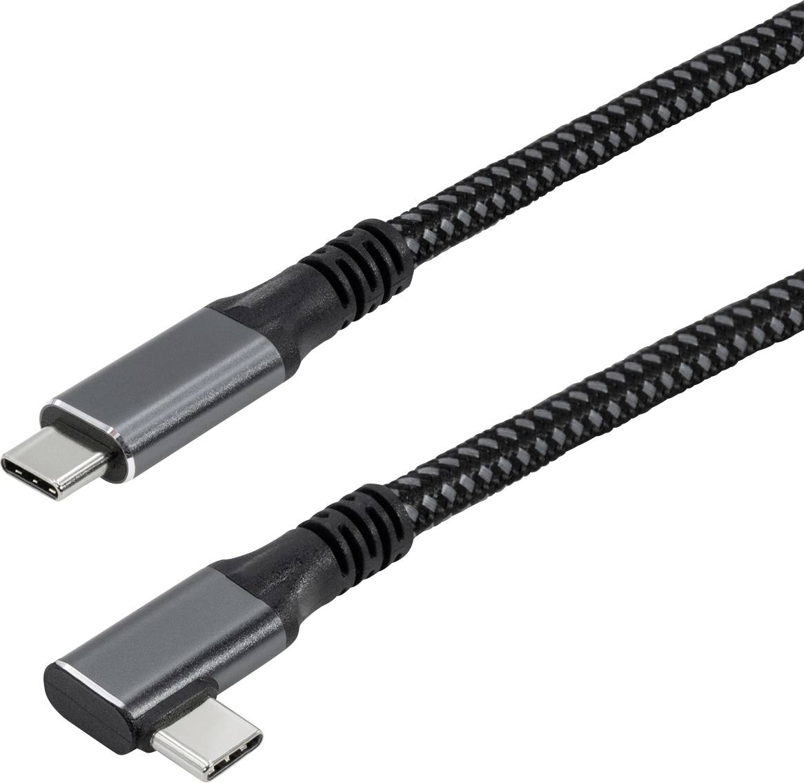 Sú zobrazené dva prepletané USB-C káble. Konce káblov majú metalický povrch, pričom jeden má rovný konektor a druhý zalomený konektor.