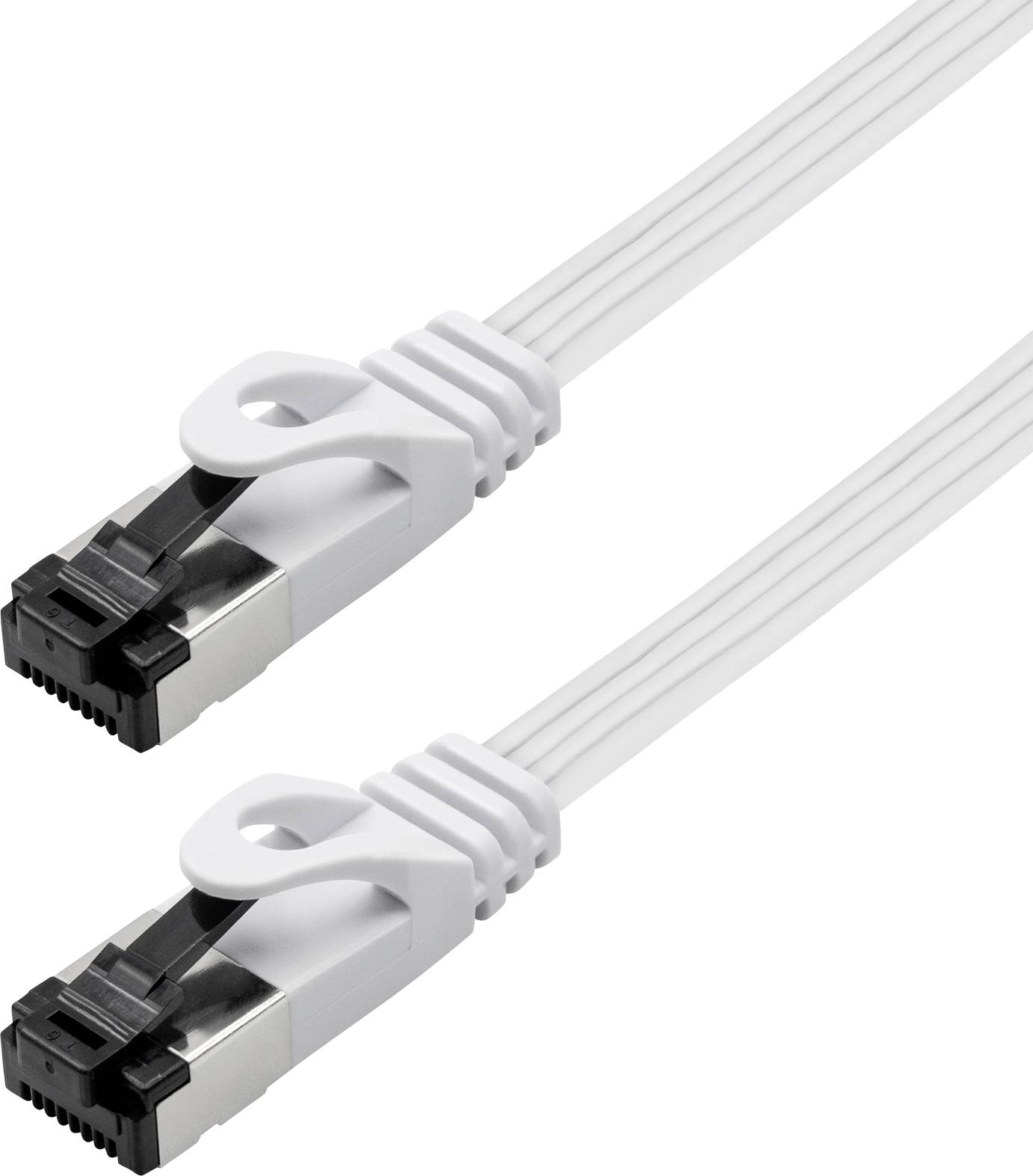 Dva biele ploché ethernetové káble s RJ45 konektormi na bielom pozadí.