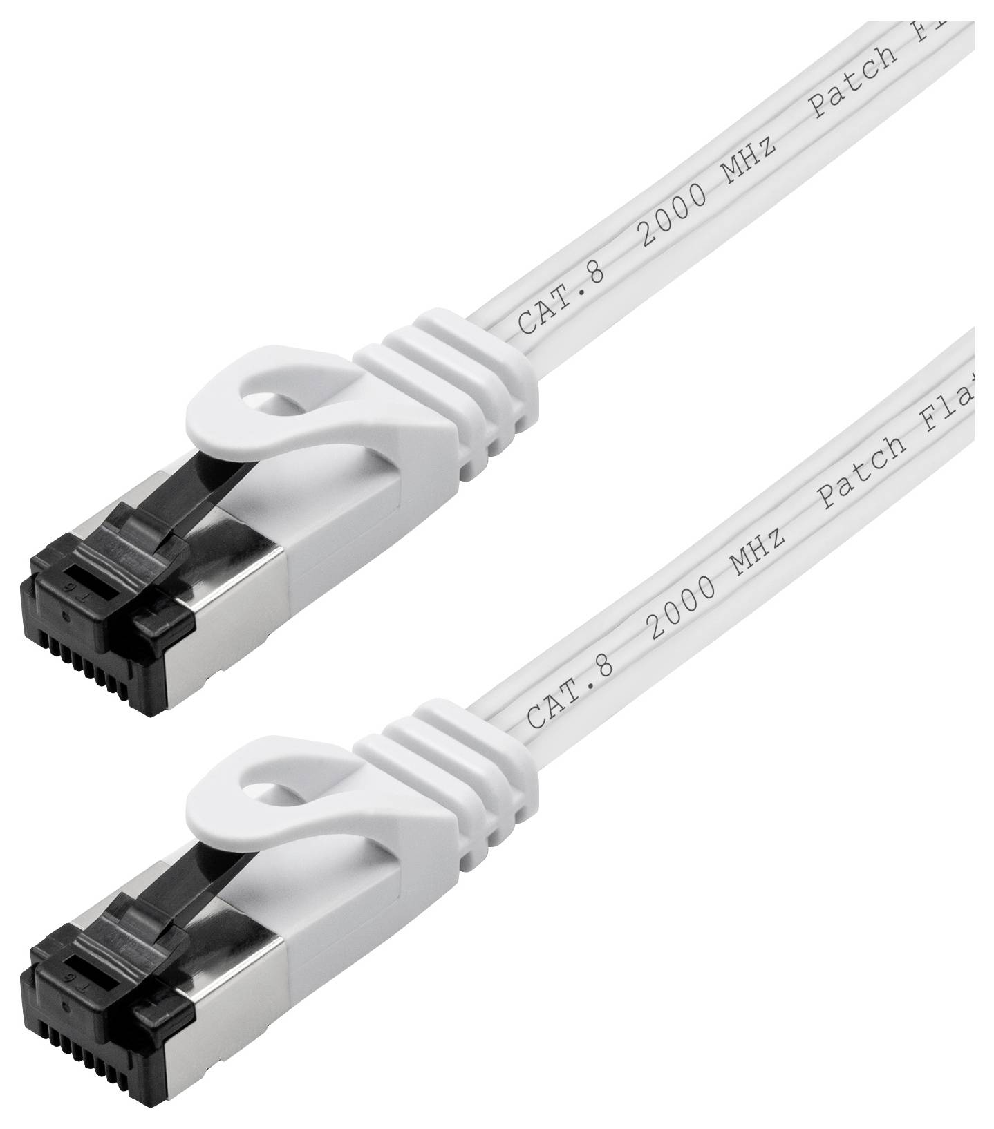 Dva ploché, biele ethernetové káble CAT.8 s čiernymi konektormi, označené ako 'CAT.8 2000 MHz Patch Flat', stočené s pripojenými sponkami.