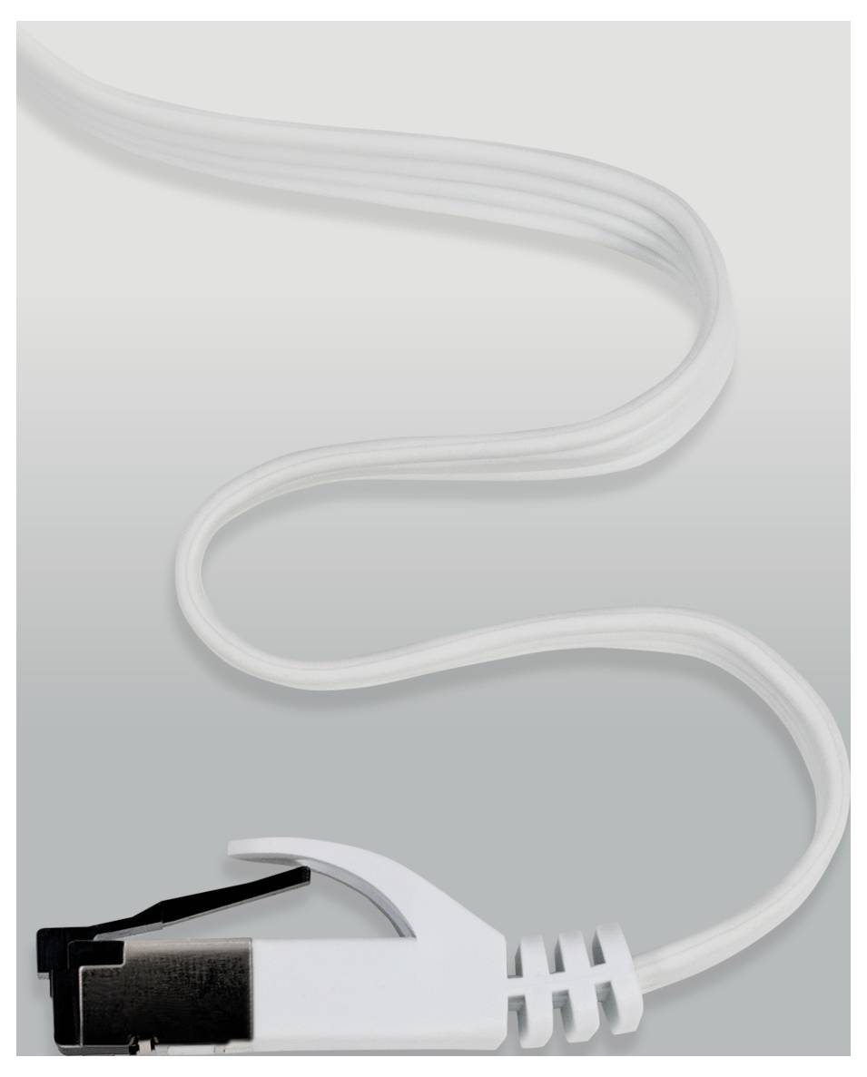 Biely plochý ethernetový kábel so zástrčkou je stočený do elegantnej krivky na gradientnom sivom pozadí.