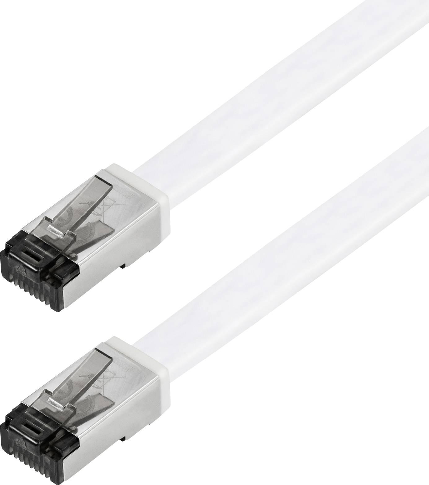 Dva biele ploché ethernetové káble so konektormi, používané na sieťové pripojenia.