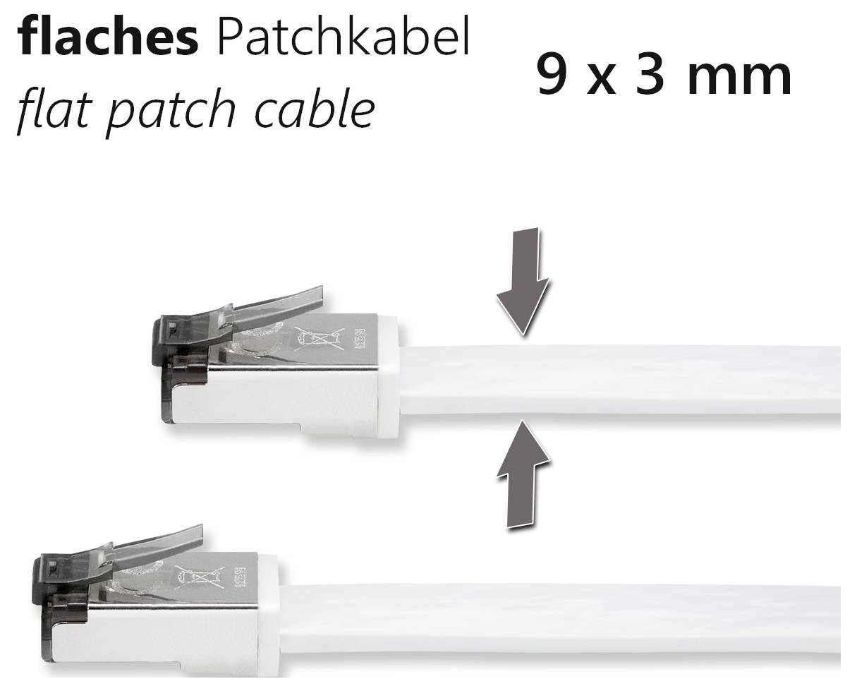 Plochý patch kábel, 9 x 3 mm, s dvoma RJ45 konektormi. Nákresy ukazujú, ako kábel zostáva plochý a ľahko sa inštaluje.