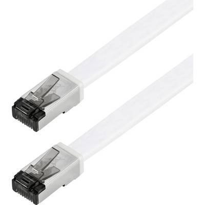 Dva biele ploché ethernetové káble s priehľadnými konektormi.