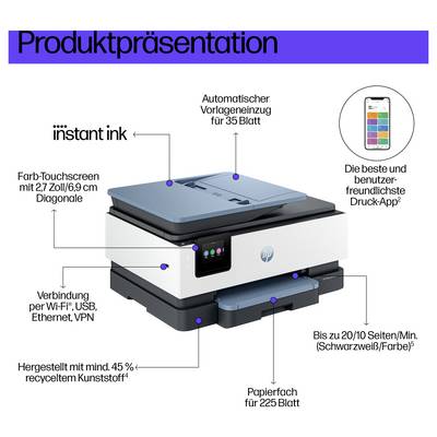 Tlačiareň s dotykovým displejom, automatickým podávačom dokumentov, Wi-Fi, USB, ethernetovým pripojením a zásobníkom na 225 hárkov papiera.
