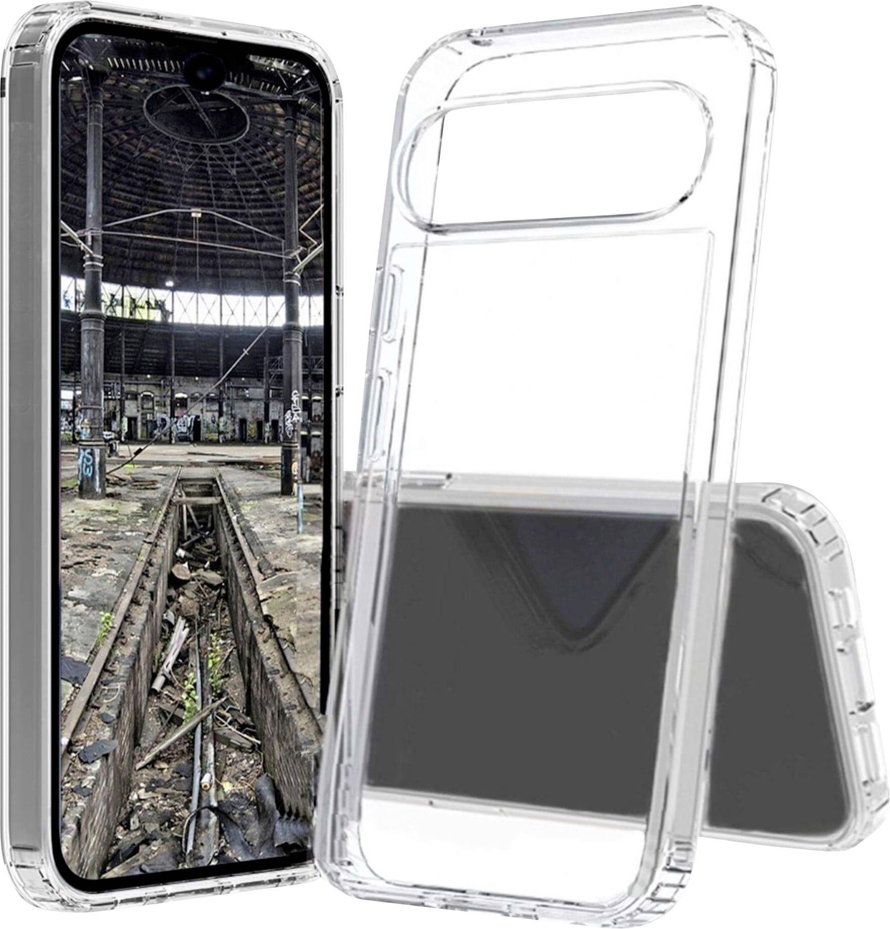 Priesvitné telefónne kryty pre Samsung Galaxy A24 5G; jeden telefón zobrazuje priemyselný interiér; druhý je prázdny a ukazuje dizajn krytu.