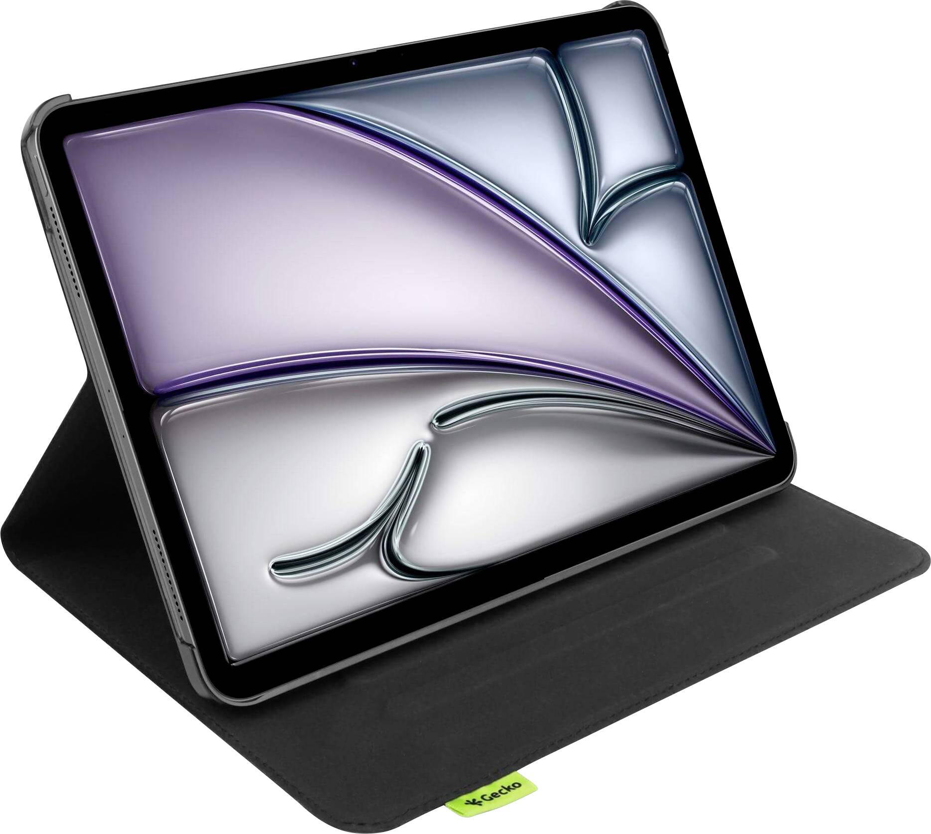 Tablet so štylizovaným abstraktným fialovým a strieborným dizajnom na displeji, umiestnený na čiernom stojane s malou zelenou visačkou.