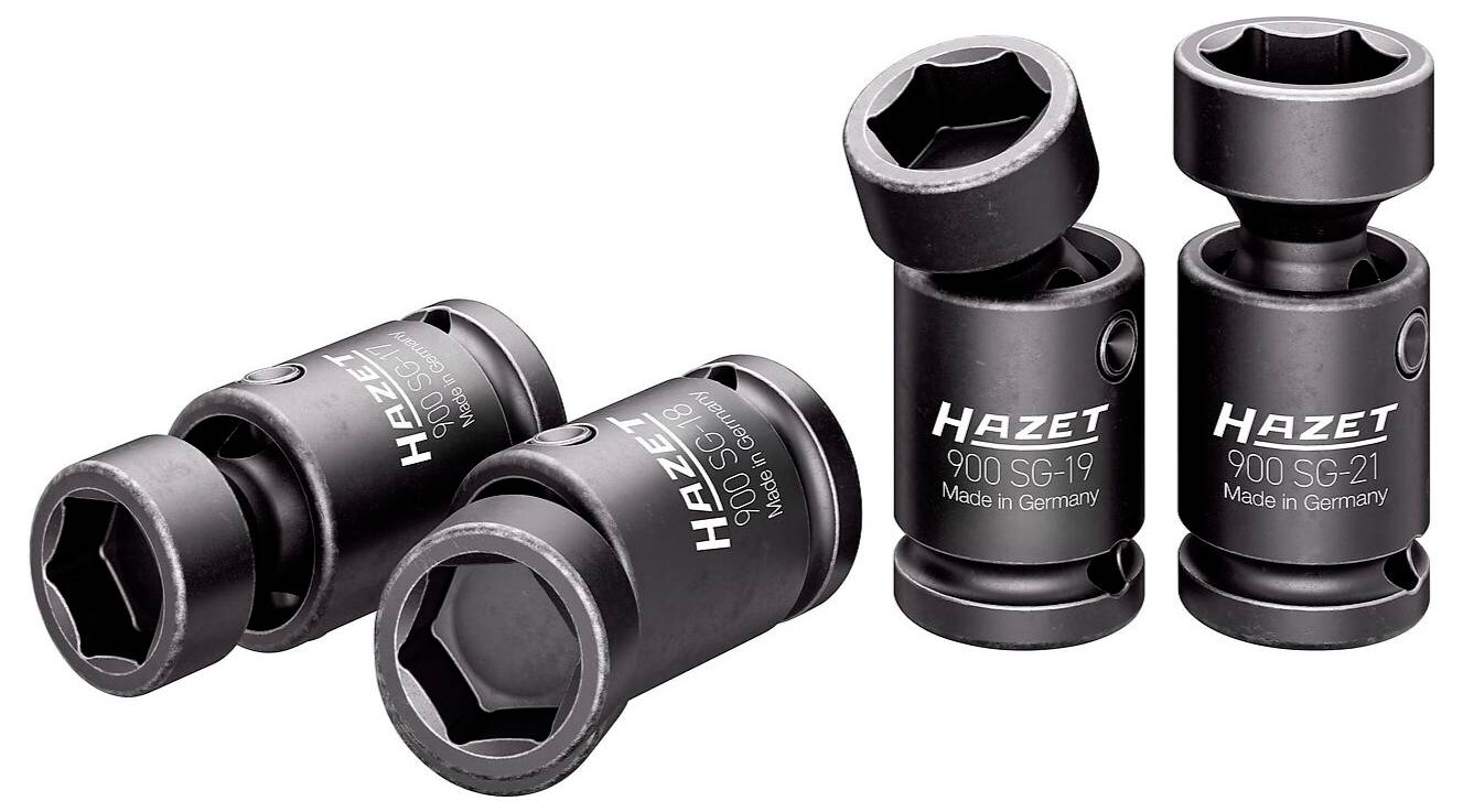 Štyri nárazové hlavice HAZET v rade, obsahujúce modely '900 SG-19' a '900 SG-21', vyrobené v Nemecku, určené pre mechanické použitie.