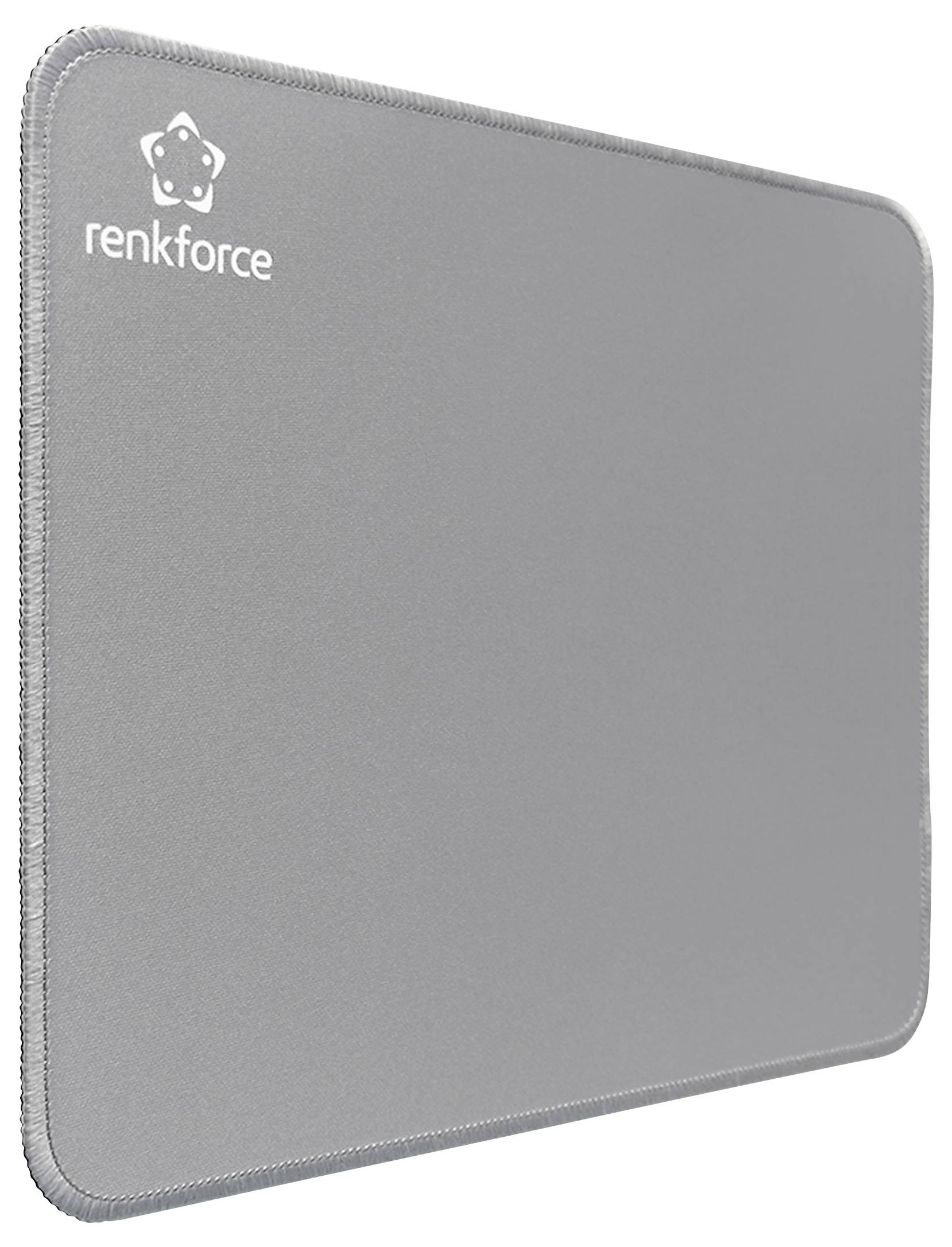 Sivá obdĺžniková podložka pod myš so zaoblenými rohmi a logom "renkforce" v ľavom hornom rohu. Povrch vyzerá hladký a prešitý.