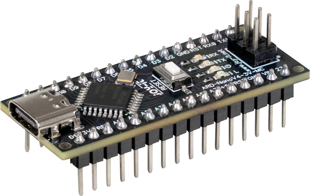 Mikrokontrólna doska s USB-C portom, viacerými pinmi a označenými komponentmi, používaná pre elektronické projekty a programovanie.