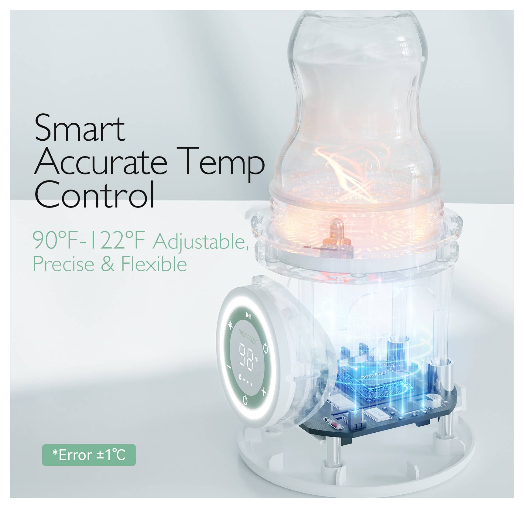 Zariadenie "Smart Accurate Temp Control" zobrazené; teplotný rozsah 90°F-122°F s nastaviteľnými, presnými a flexibilnými nastaveniami; chybovosť ±1°C.