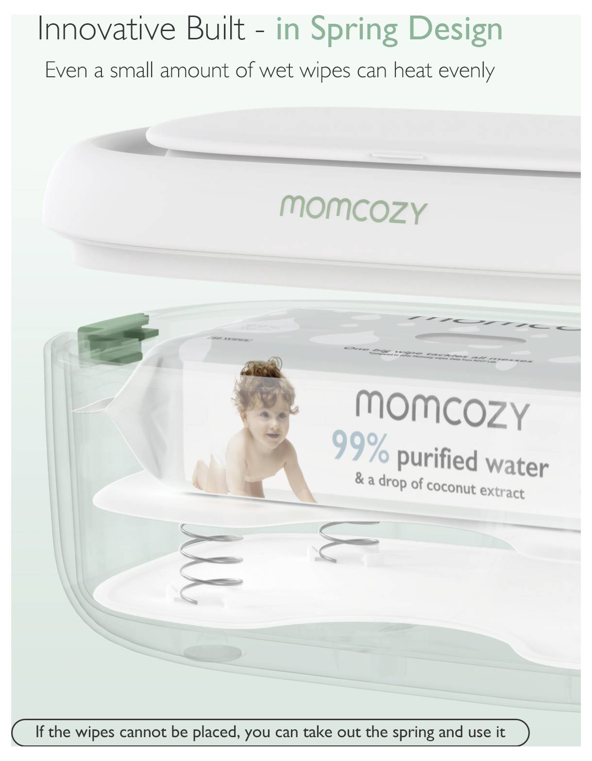 Inovatívny zabudovaný dizajn pružiny, balenie vlhčených utierok značky 'momcozy'. Zvýrazňuje 99% purifikovanú vodu a kokosový extrakt.