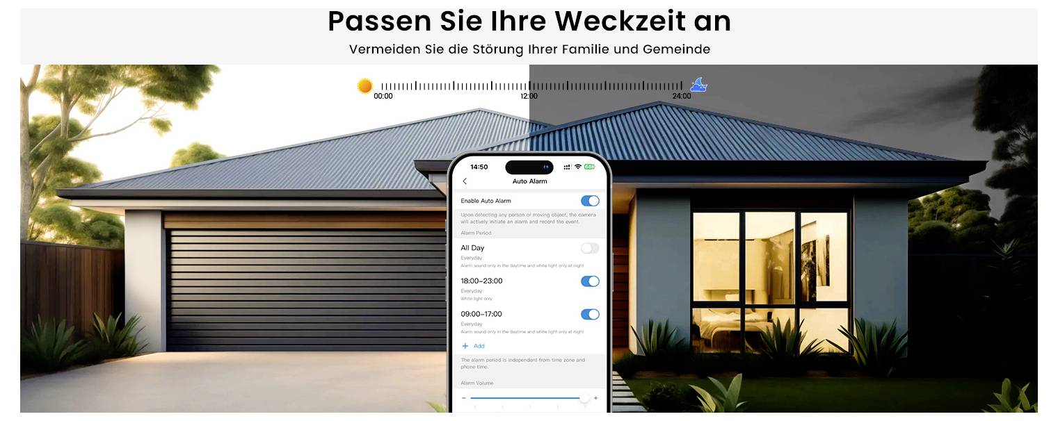 Dom s dvoma garážovými bránami pri východe slnka. Displej smartfónu zobrazuje nastavenia budíka, aby sa predišlo rušeniu susedov. Text: 'Prispôsobte si čas budenia'.