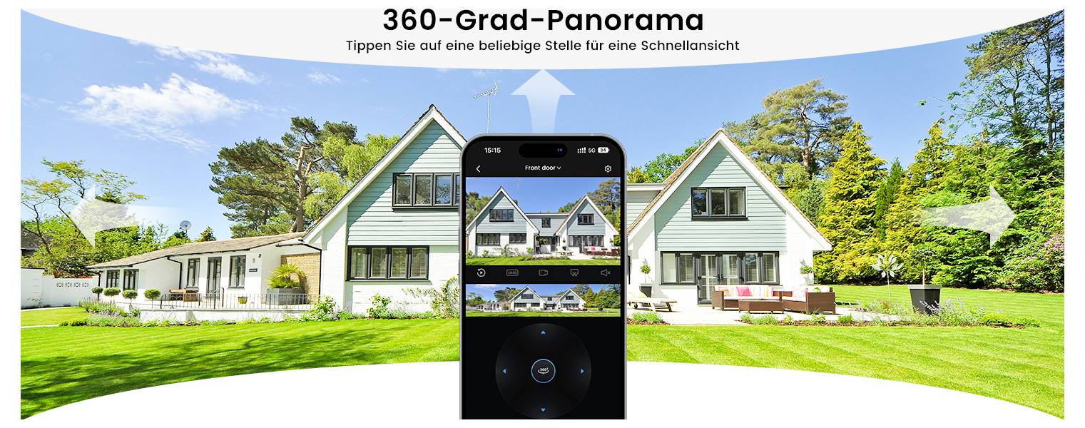 360-stupňová panoráma domov so stromami pod modrým nebom. Rozhranie smartfónu zobrazuje panoramatický pohľad, ktorý umožňuje interakciu pre rýchlu zmenu pohľadu.